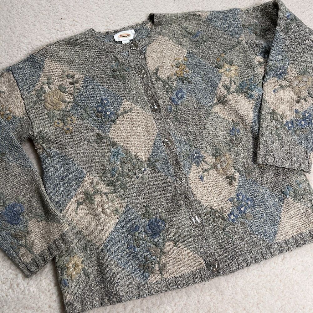 Talbots Silk Wool Cardigan Sweater Floral Embroidery Argyle Women Small 1990s